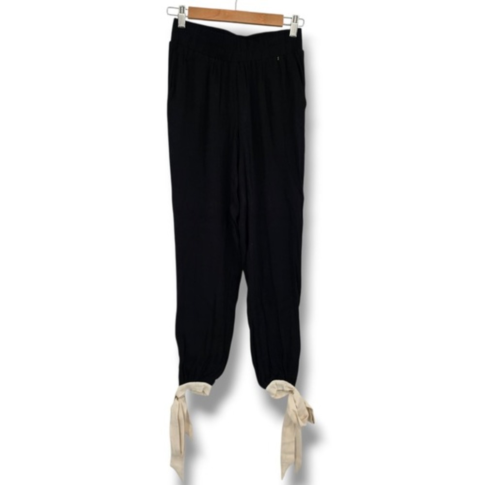 New‎ Harlyn Womens Black Crepe Jogger Pants Cream Ankle Tie Elastic Waist XS New